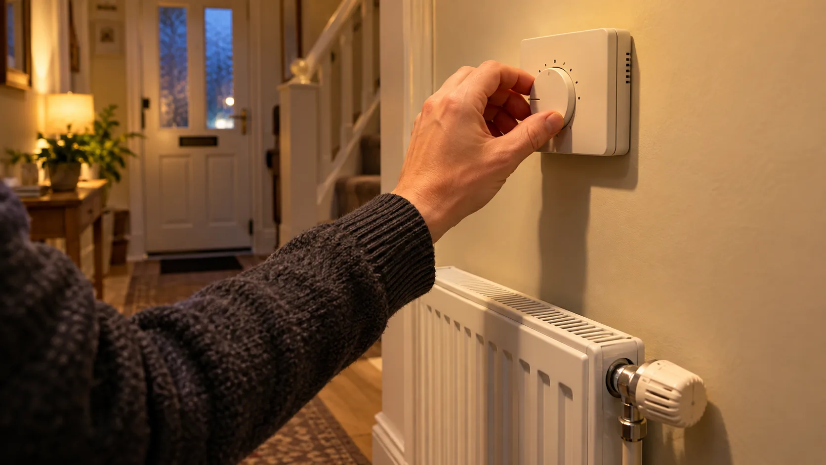 Hand turning up a room thermostat in the hallway of a Renfrewshire home on an early autumn evening, with a radiator below
