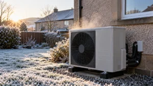Air source heat pump outside a Scottish semi-detached house on a frosty winter morning with steam rising from the unit
