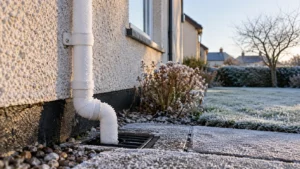 Frosted white boiler condensate pipe running down the harled wall of a Renfrewshire house into a drain on a frosty morning