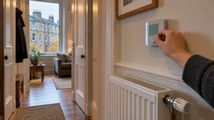 Hand adjusting a digital room thermostat in the hallway of a Scottish sandstone tenement flat on a grey autumn afternoon